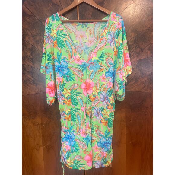 LULI FAMA Hibiscus Dream Cabana Mini Dress Cover Up Kimono SEXY M L Green - Picture 3 of 8